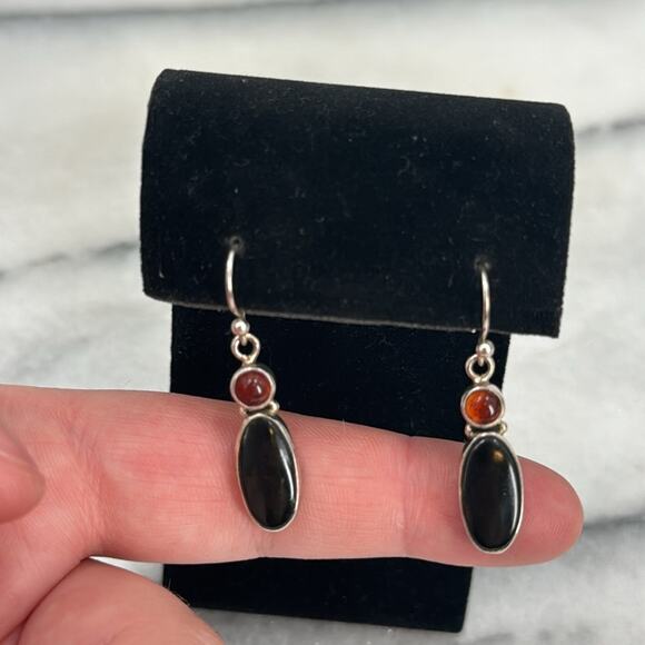 Sterling silver obsidian and amber drop earrings - Picture 2 of 5